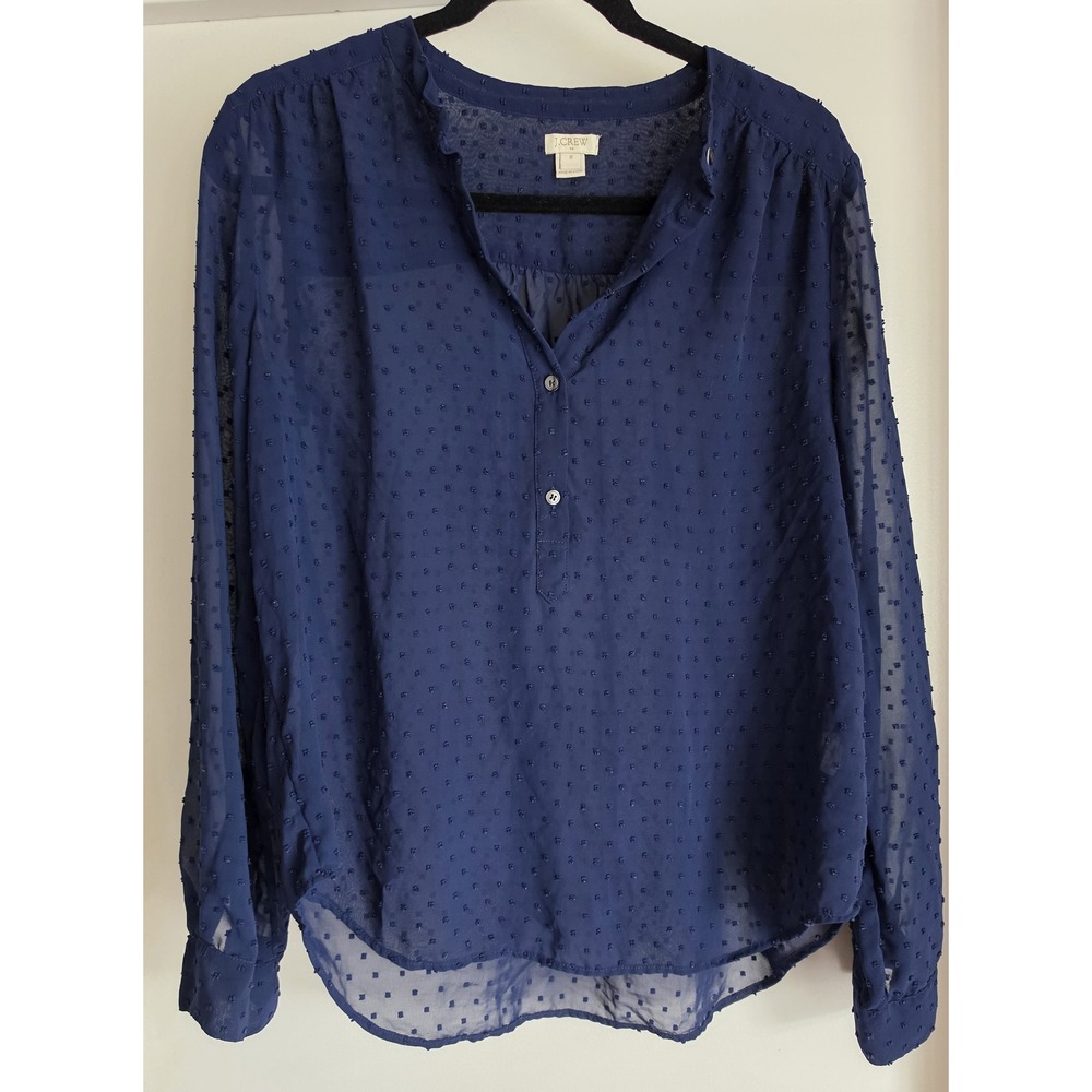 J.Crew Blouse Women M Navy Blue Polka Dot Collared Long Sleeve Top Shirt